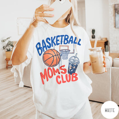 Comfort Colors tee in White featuring basketball mom life graphic with basketball, hoop, and iced coffee
