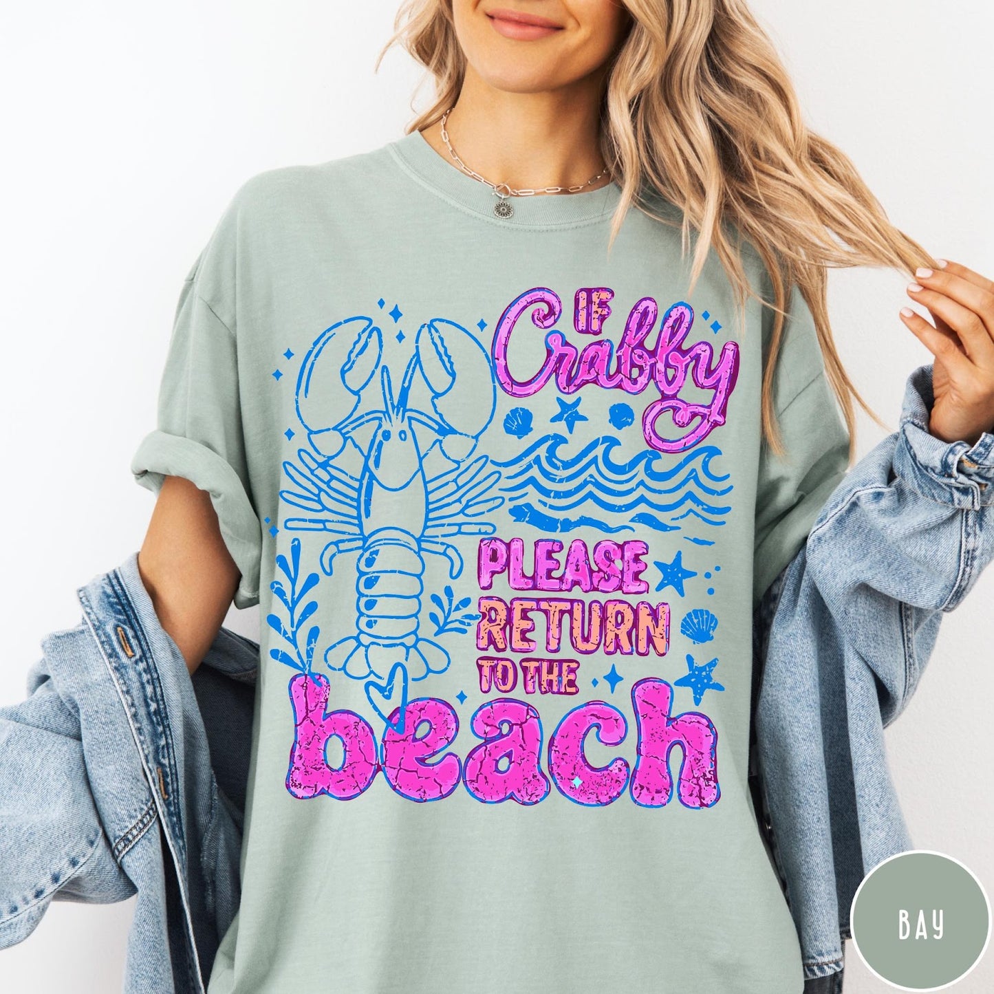 Comfort Colors tee in Bay featuring beach style graphic with lobster and If Crabby text