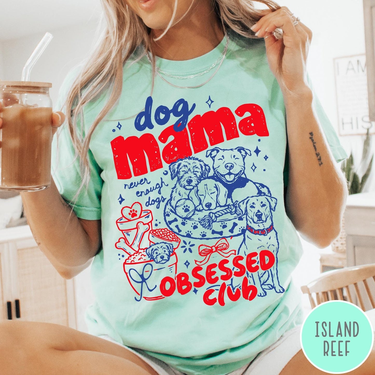 Comfort Colors tee in Island Reef featuring dog mom design style with multiple dog breeds and accessories