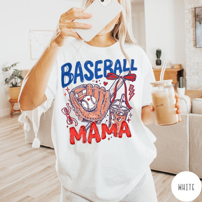 Comfort Colors tee in White featuring baseball design with glove, ball, iced coffee, and red bow graphic