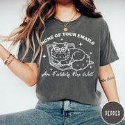 Comfort Colors tee in Ivory featuring retro illustration of a grumpy cat with glasses sitting on a laptop.