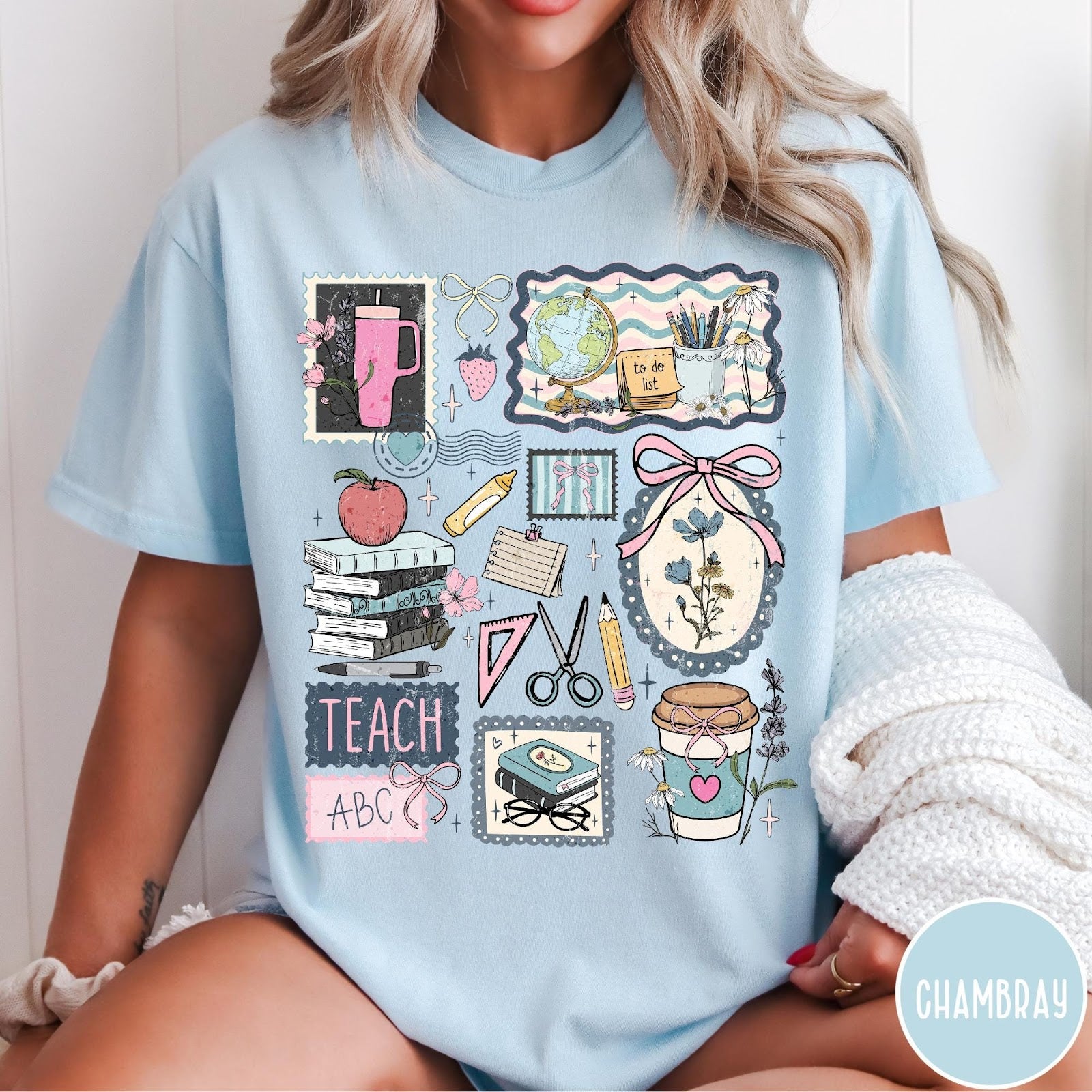 Comfort Colors tee in Chambray featuring collage style graphic with school supplies and teacher life themed illustrations