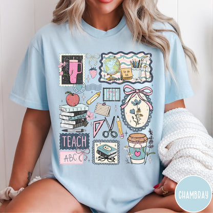 Comfort Colors tee in Chambray featuring collage style graphic with school supplies and teacher life themed illustrations