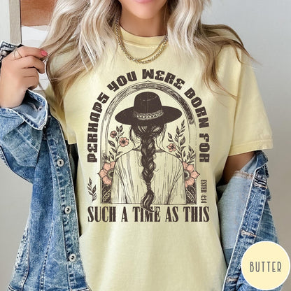 Comfort Colors tee in Butter featuring boho style graphic of a woman in a hat with flowers