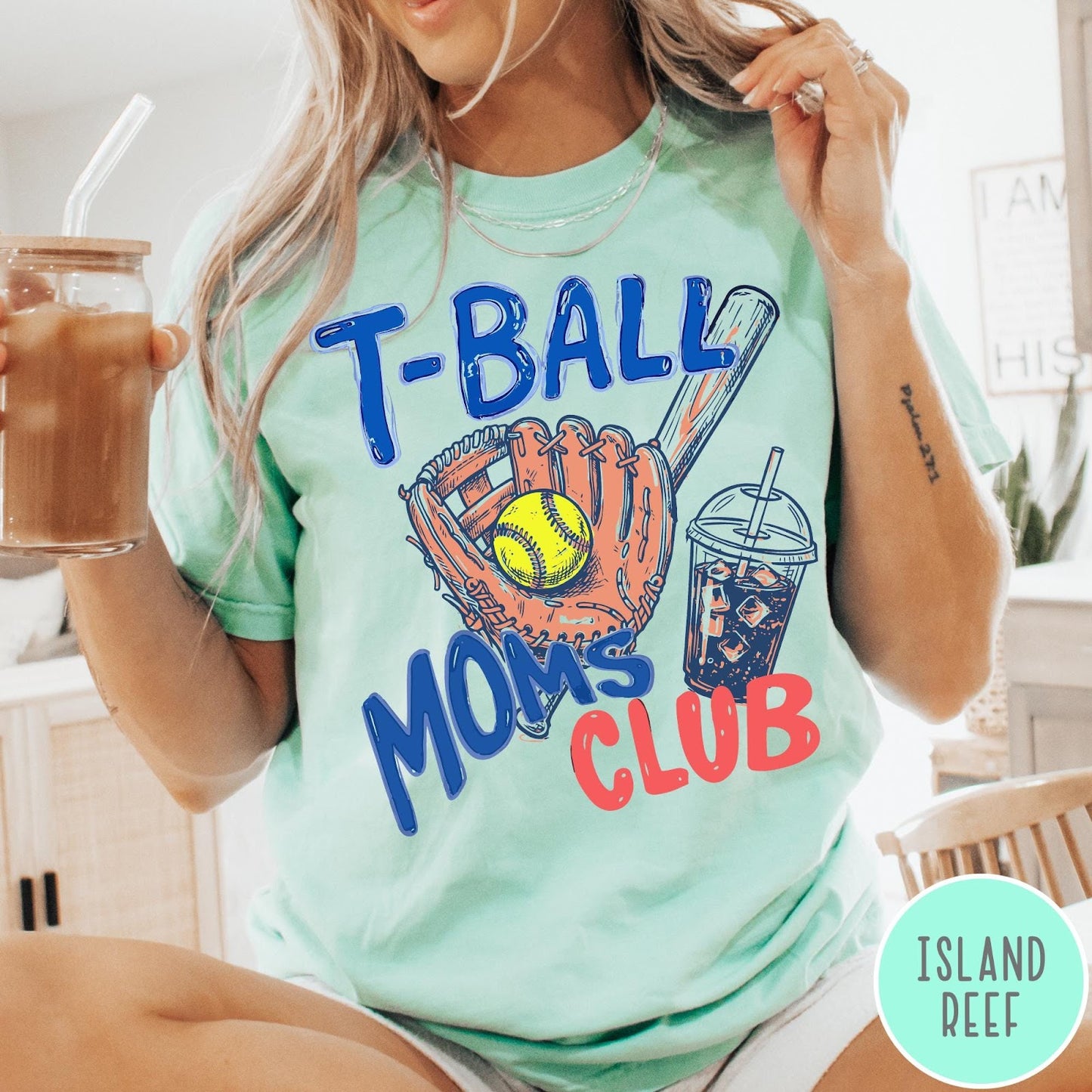Comfort Colors tee in Island Reef featuring screen printed T-Ball Moms Club graphic with baseball glove and drink
