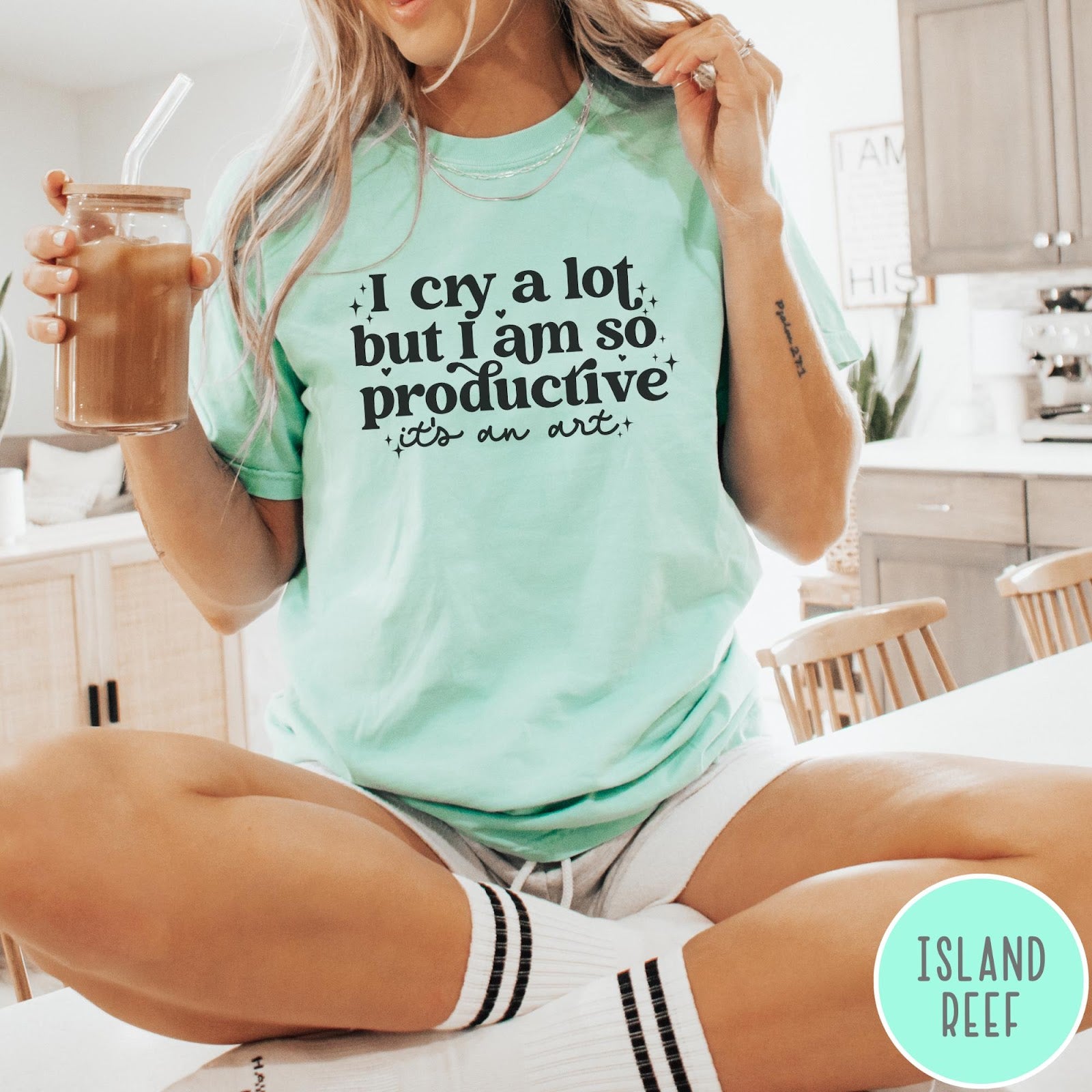Comfort Colors tee in Island Reef featuring mental health humor graphic text I Cry but Productive