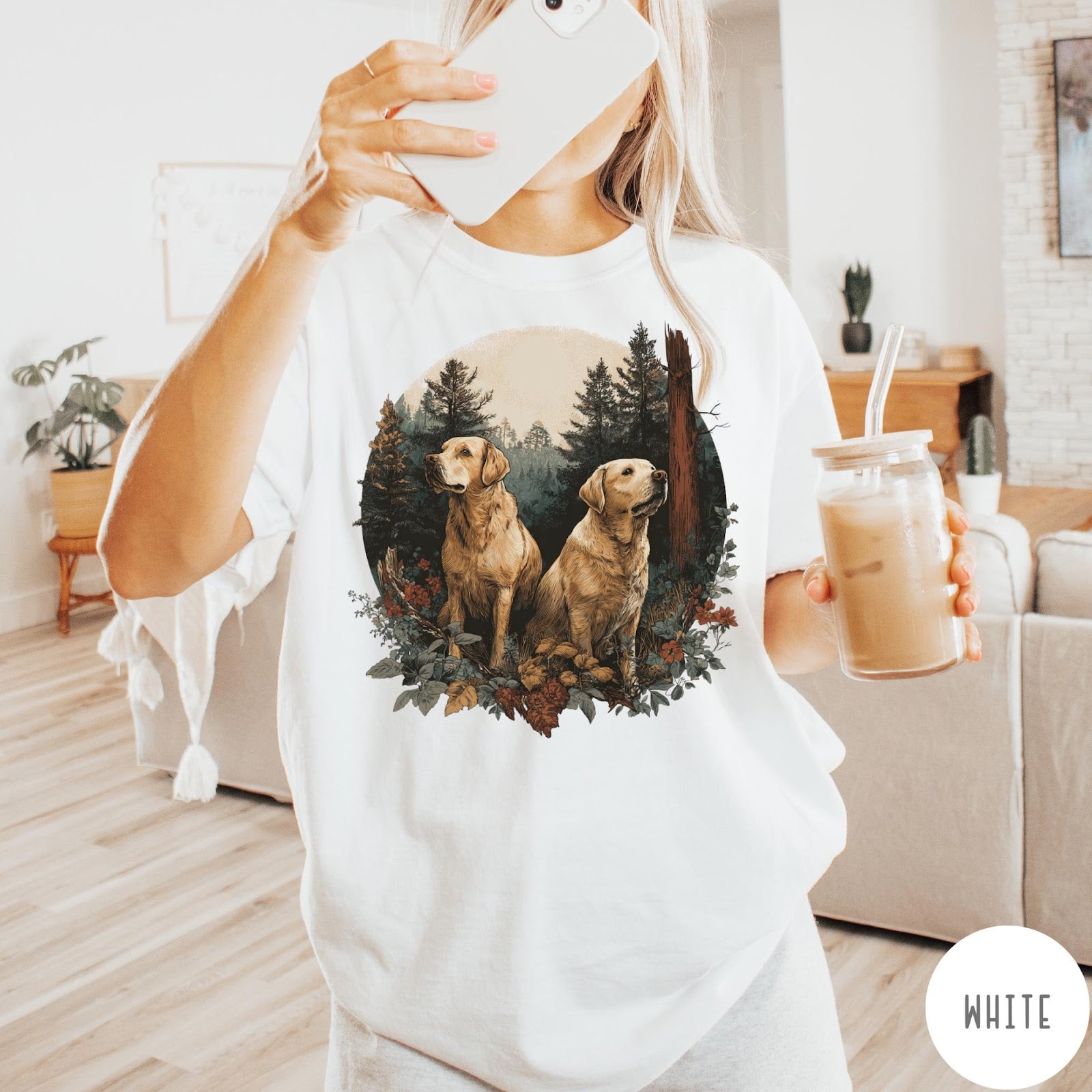 Comfort Colors tee in White featuring vintage style graphic of two golden labrador dogs in a forest