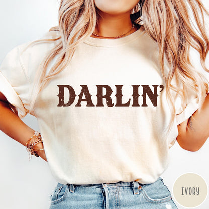 Comfort Colors tee in Ivory featuring western typography with the word Darlin' in a distressed brown font