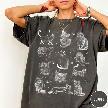 Comfort Colors tee in Pepper featuring vintage style graphic illustration of various cats and celestial stars