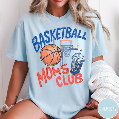 Comfort Colors tee in Chambray featuring basketball mom life graphic with basketball, hoop, and iced coffee drink