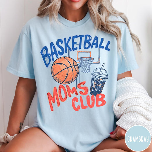 Comfort Colors tee in Chambray featuring basketball mom life graphic with basketball, hoop, and iced coffee drink