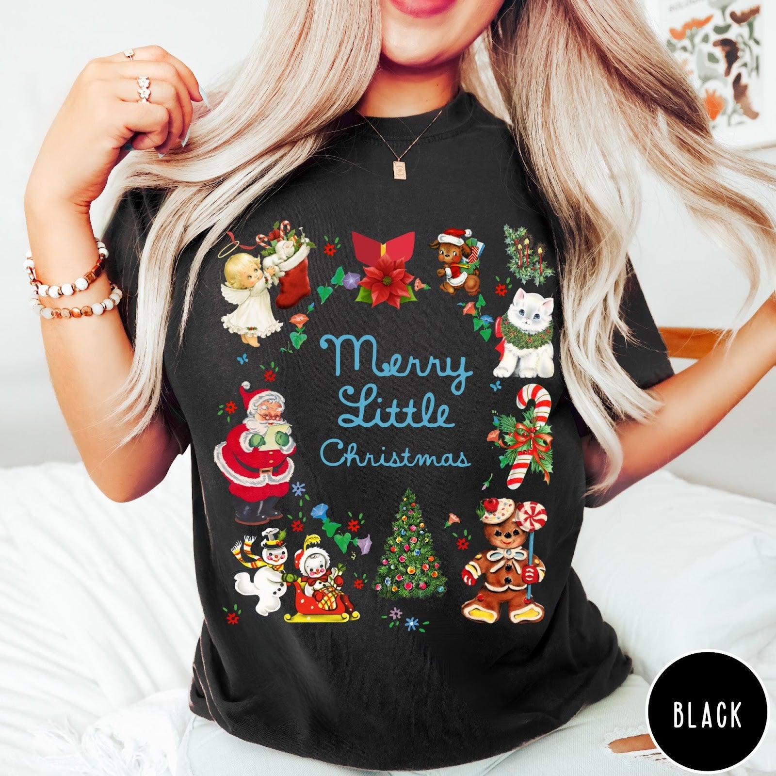 Comfort Colors tee in Black featuring vintage style holiday characters including Santa, a snowman, and gingerbread man.
