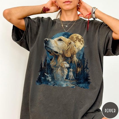 Comfort Colors tee in Pepper featuring artistic graphic design of a Golden Retriever in a moonlit forest scene