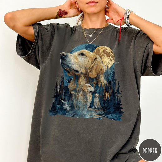 Comfort Colors tee in Pepper featuring artistic graphic design of a Golden Retriever in a moonlit forest scene