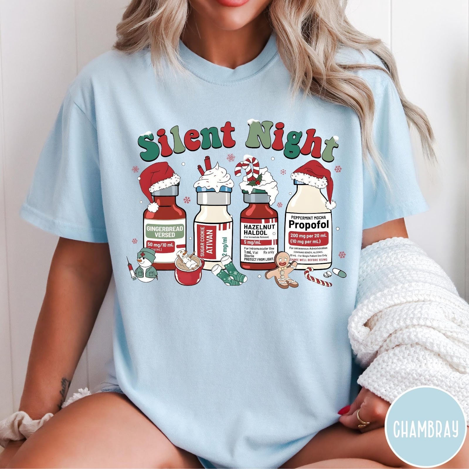 Comfort Colors tee in Chambray featuring holiday graphic with medical vials styled as festive holiday treats