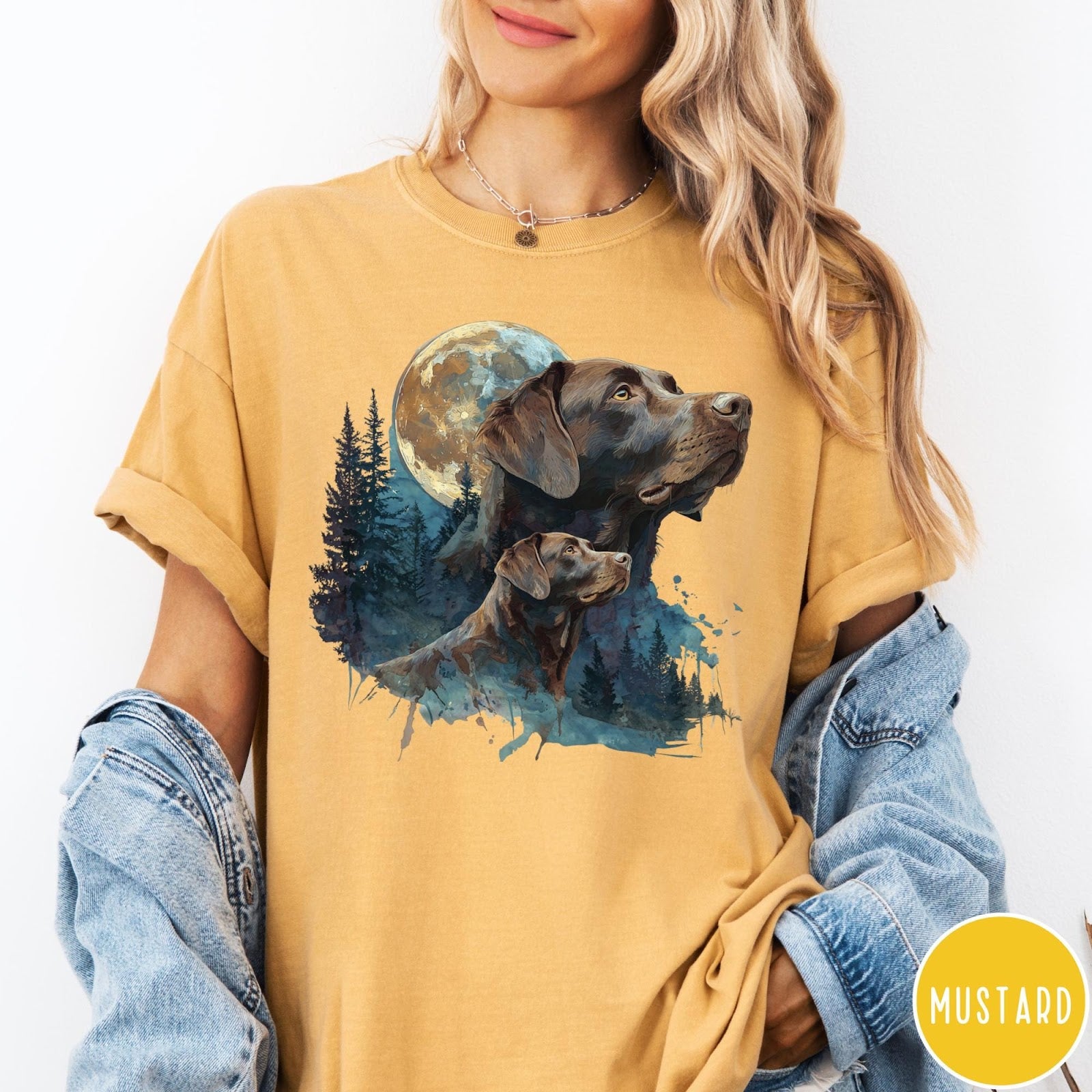 Comfort Colors tee in Mustard featuring vintage style graphic of two Chocolate Labradors under a full moon