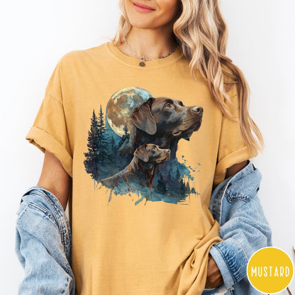 Comfort Colors tee in Mustard featuring vintage style graphic of two Chocolate Labradors under a full moon