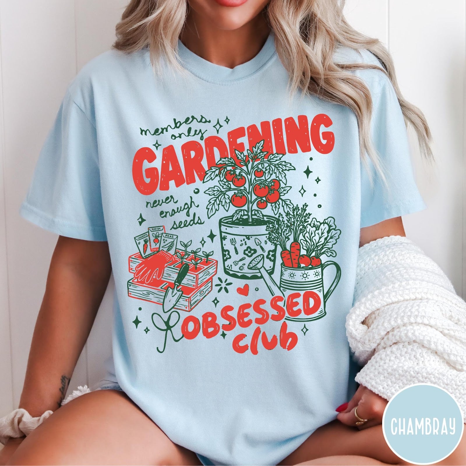 Comfort Colors tee in Chambray featuring retro graphic gardening design with tomato plant, seeds, and gardening tools