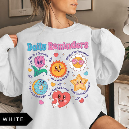 Comfort Colors tee in White featuring retro mascot design with daily affirmations and cute cartoon characters