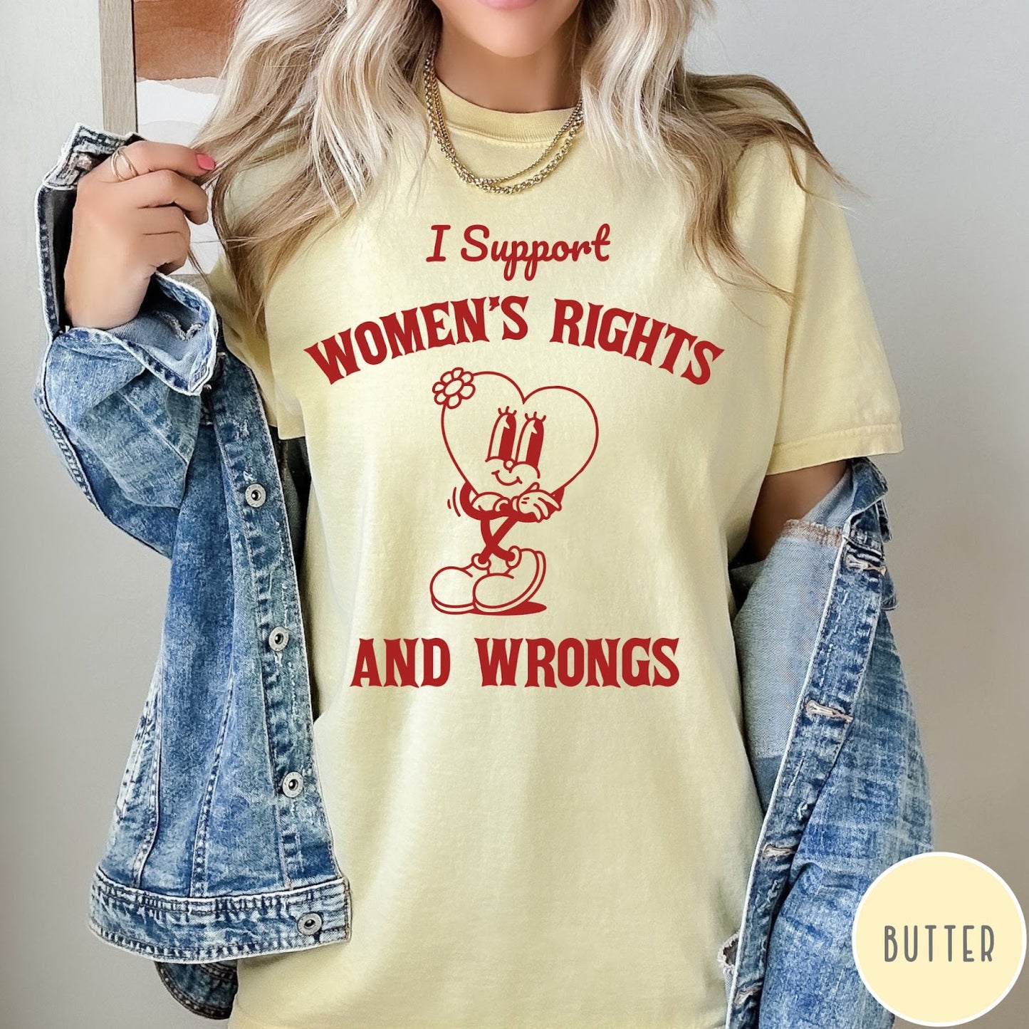 Comfort Colors tee in Butter featuring retro style heart mascot graphic with women's rights text