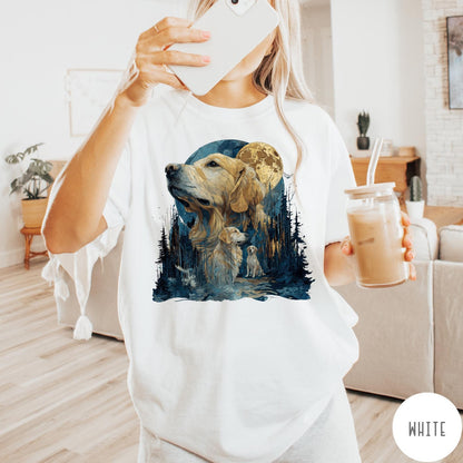 Comfort Colors tee in White featuring artistic graphic design of Golden Retrievers in a moonlit forest scene
