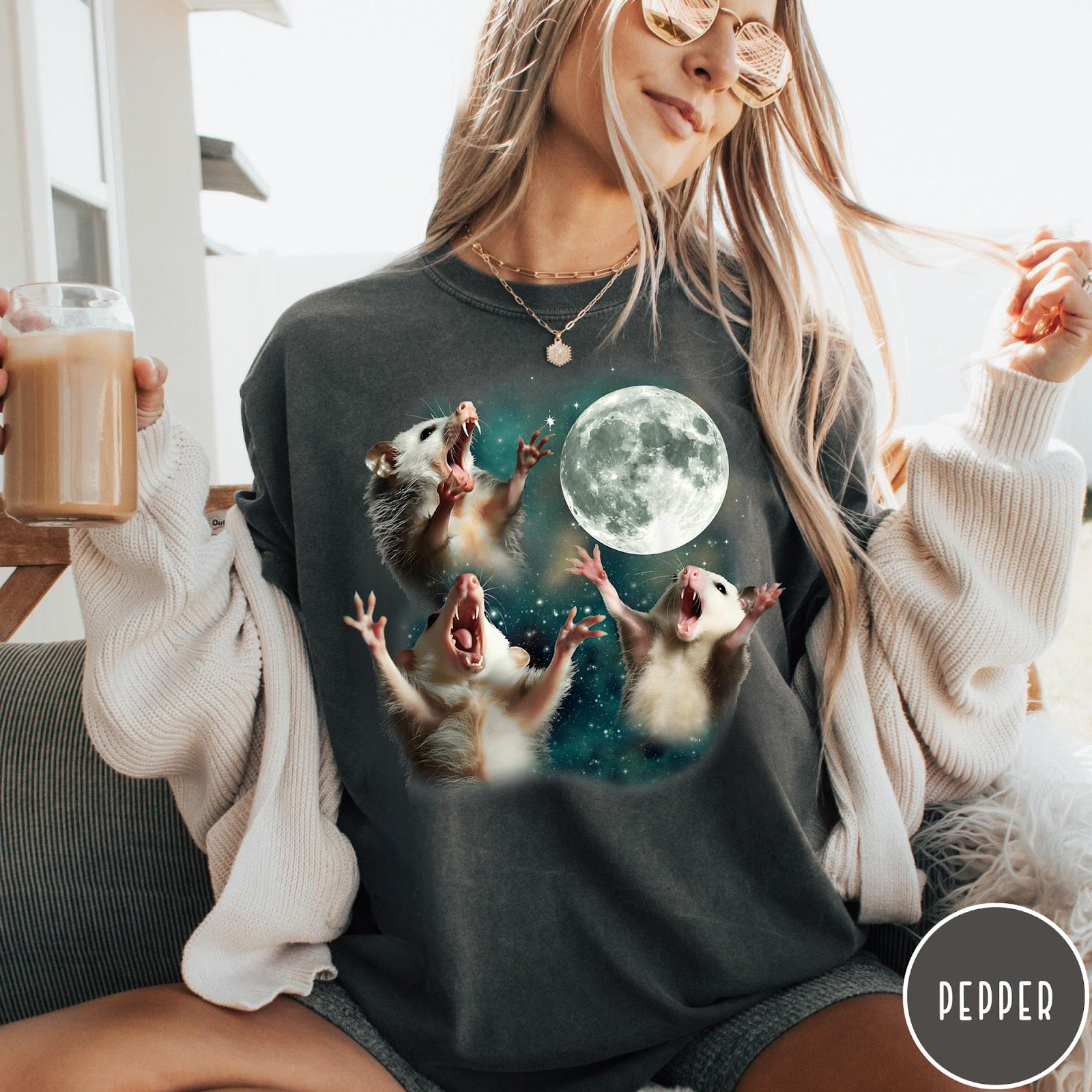 Comfort Colors tee in Pepper featuring vintage graphic style with three screaming possums reaching for the moon