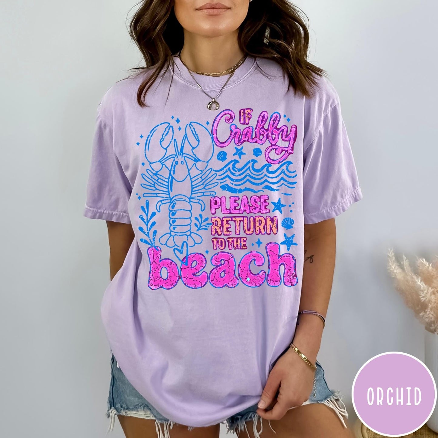 Comfort Colors tee in Orchid featuring beach style graphic with lobster and If Crabby text