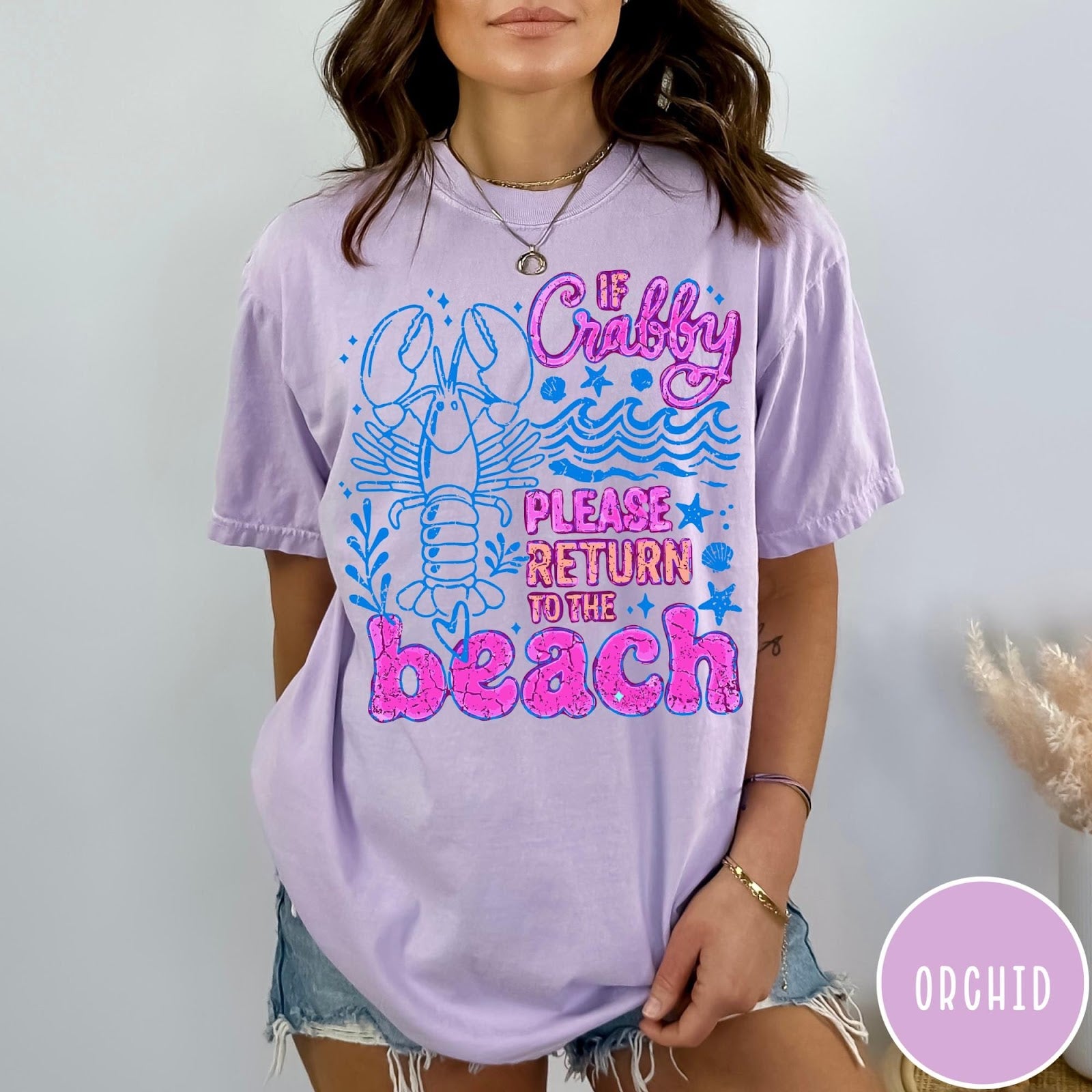 Comfort Colors tee in Orchid featuring beach style graphic with lobster and If Crabby text