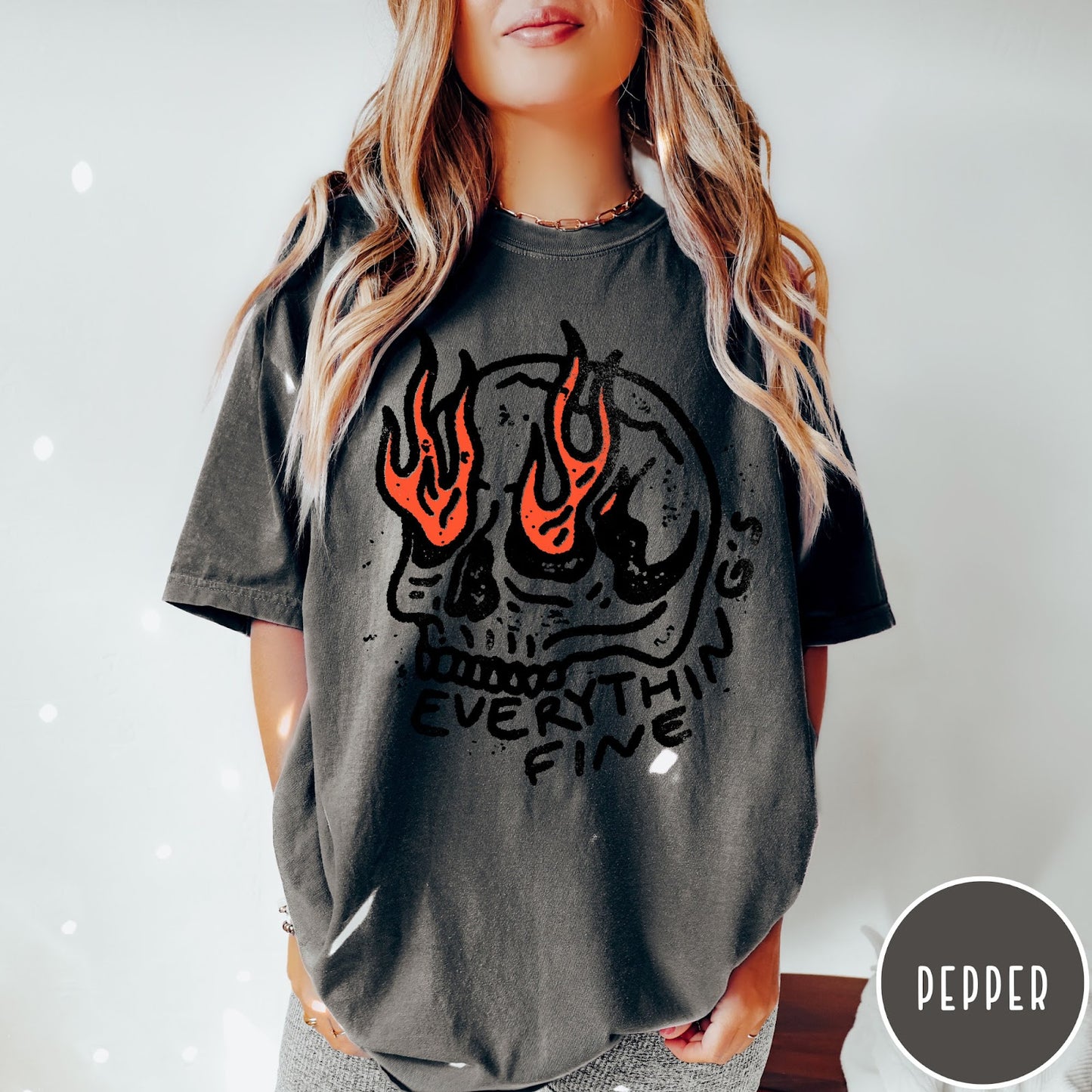 Comfort Colors tee in Pepper featuring distressed graphic style skull with flames and Everything is Fine text