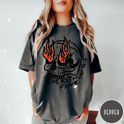 Comfort Colors tee in Pepper featuring distressed graphic style skull with flames and Everything is Fine text