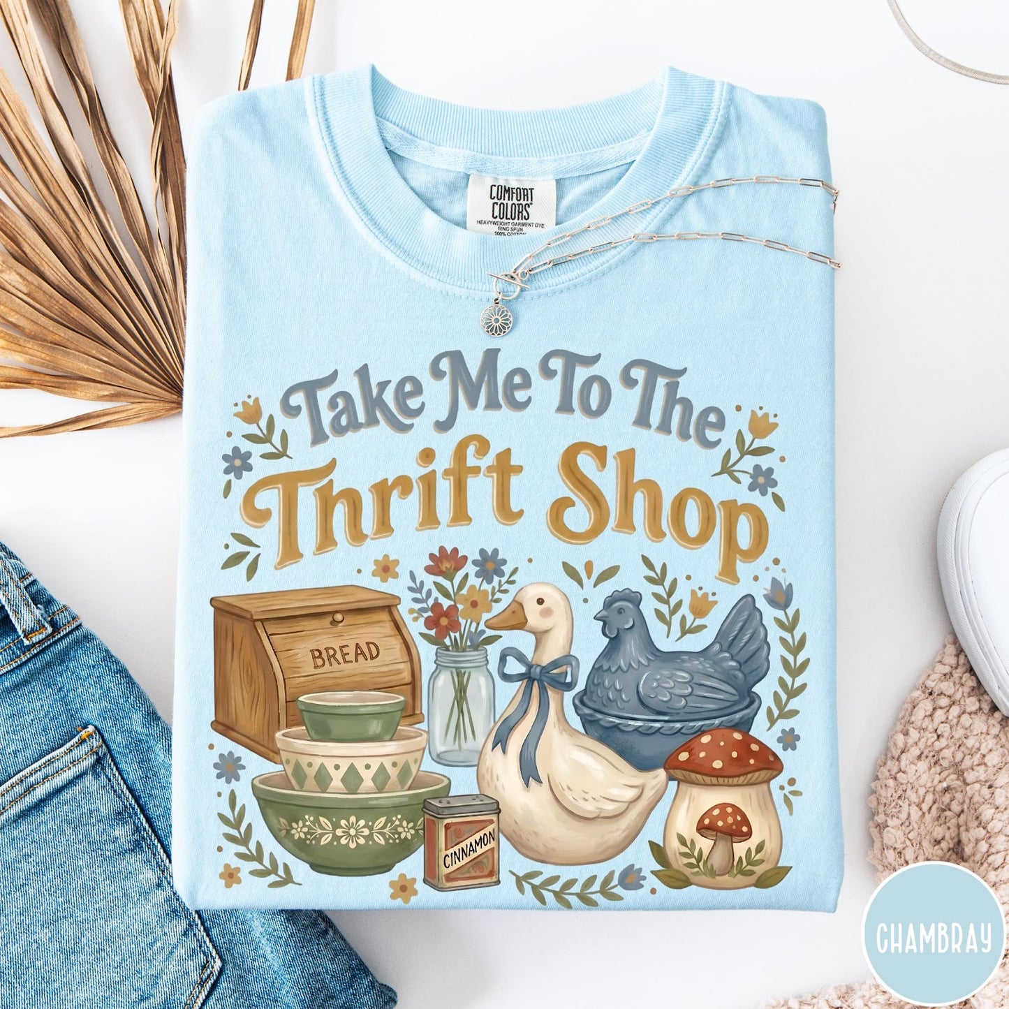 Comfort Colors tee in Chambray featuring vintage kitchenware graphic with a duck, bread box, and mushrooms.