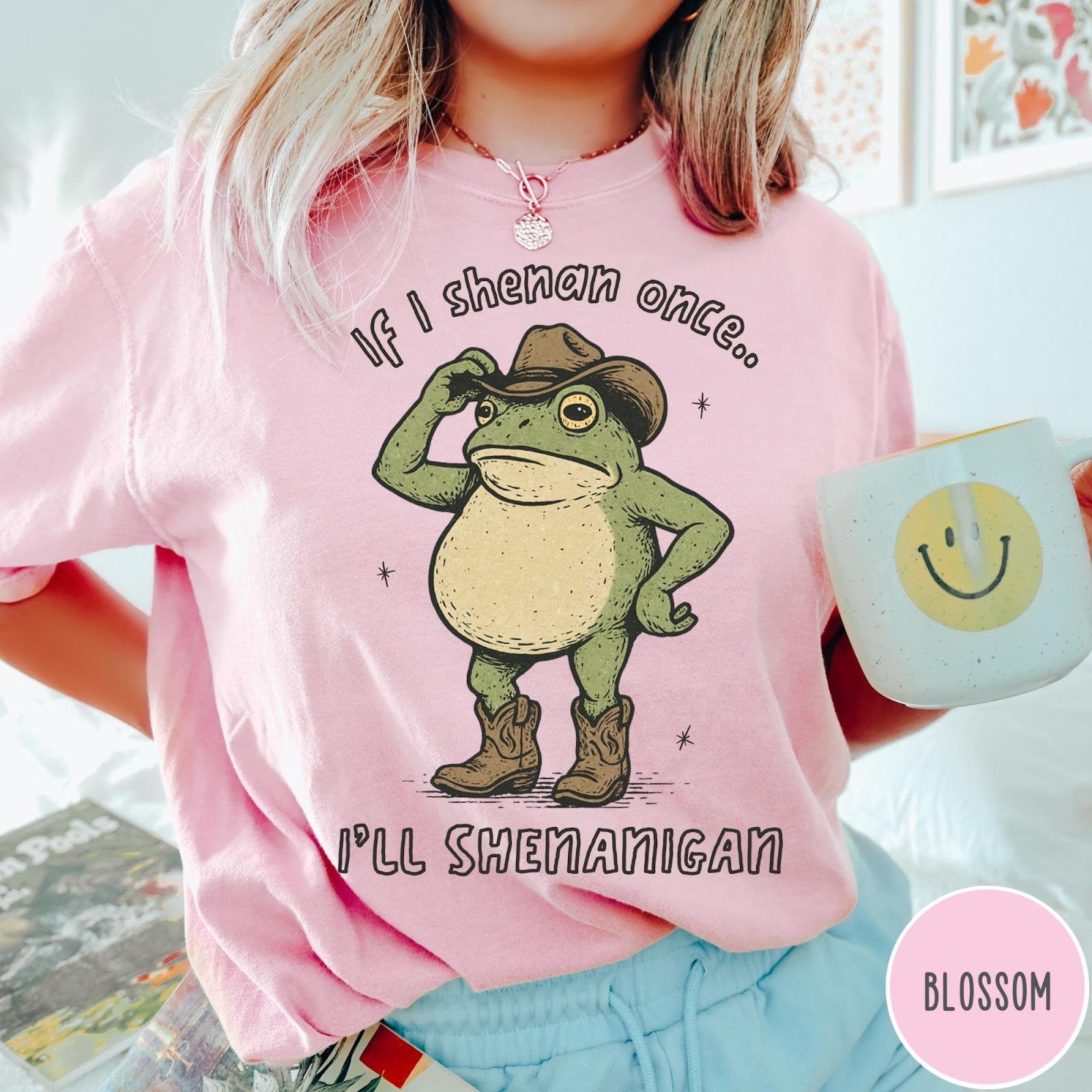 Comfort Colors tee in Blossom featuring western graphic of a frog wearing a cowboy hat and boots