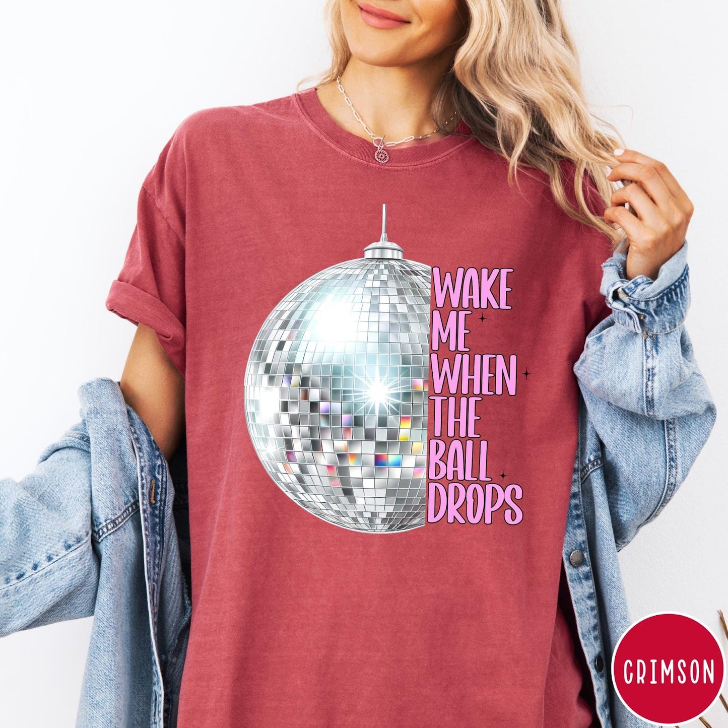 Comfort Colors tee in Crimson featuring disco ball graphic with text Wake Me When The Ball Drops