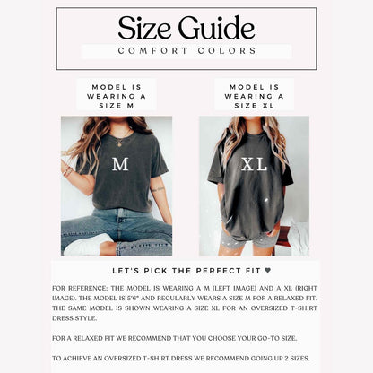 Comfort Colors tee size chart showing model fit comparison for medium and extra large shirt sizes