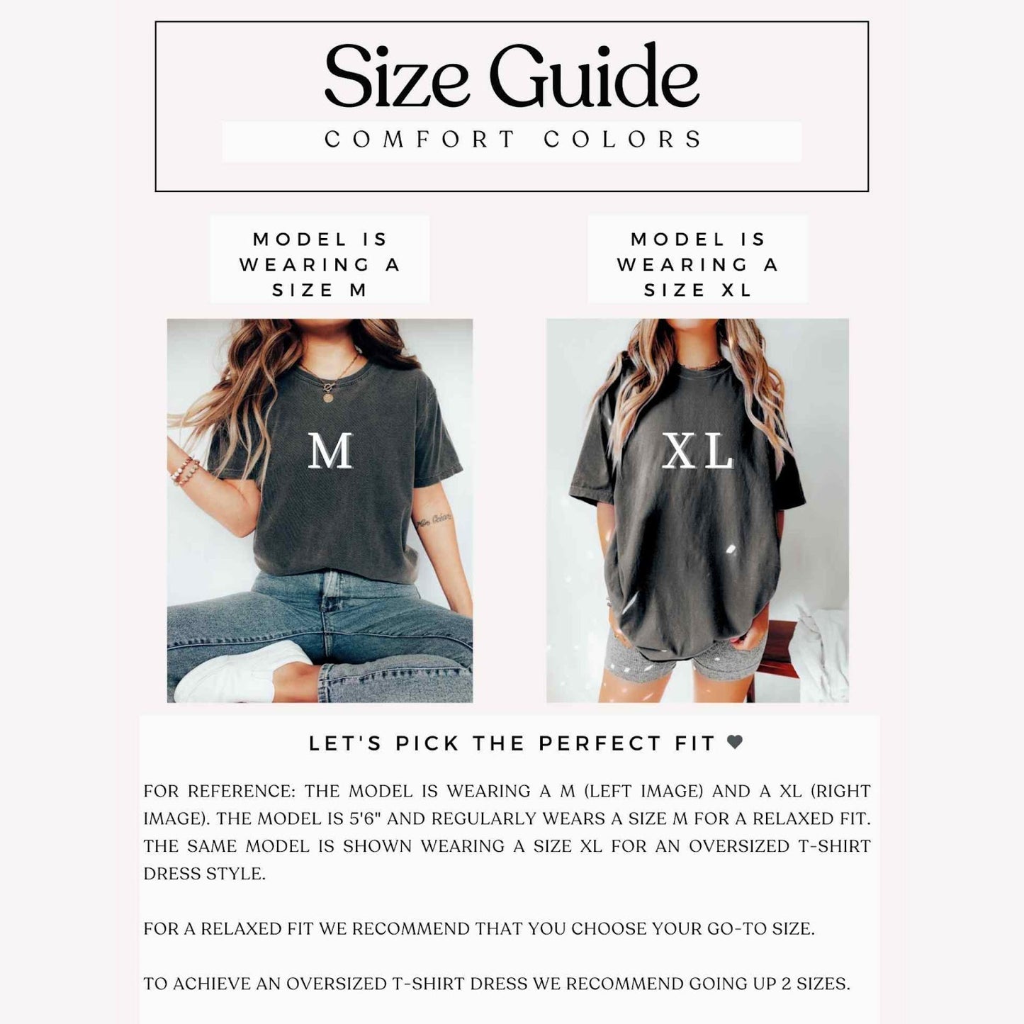 Comfort Colors tee size guide showing model wearing size medium and extra large for fit reference