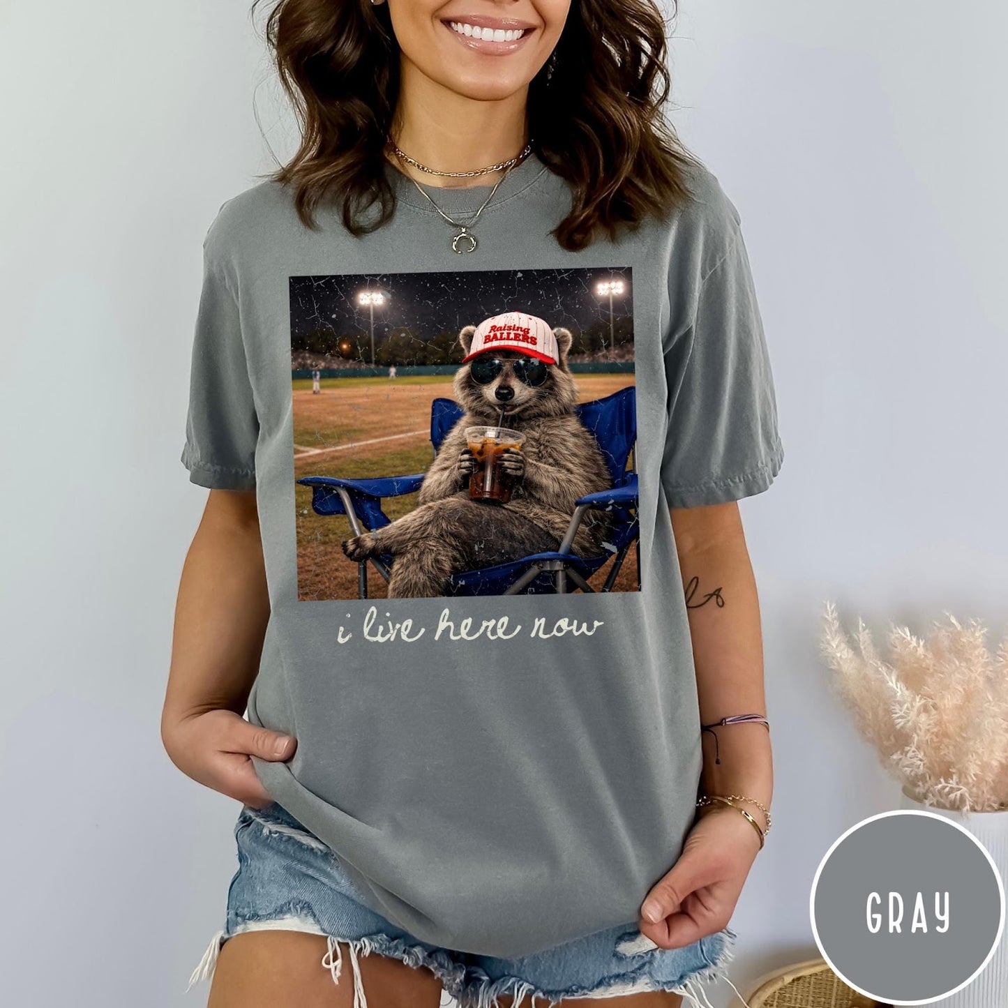 Comfort Colors tee in Grey featuring graphic style raccoon wearing sunglasses and baseball cap at a stadium