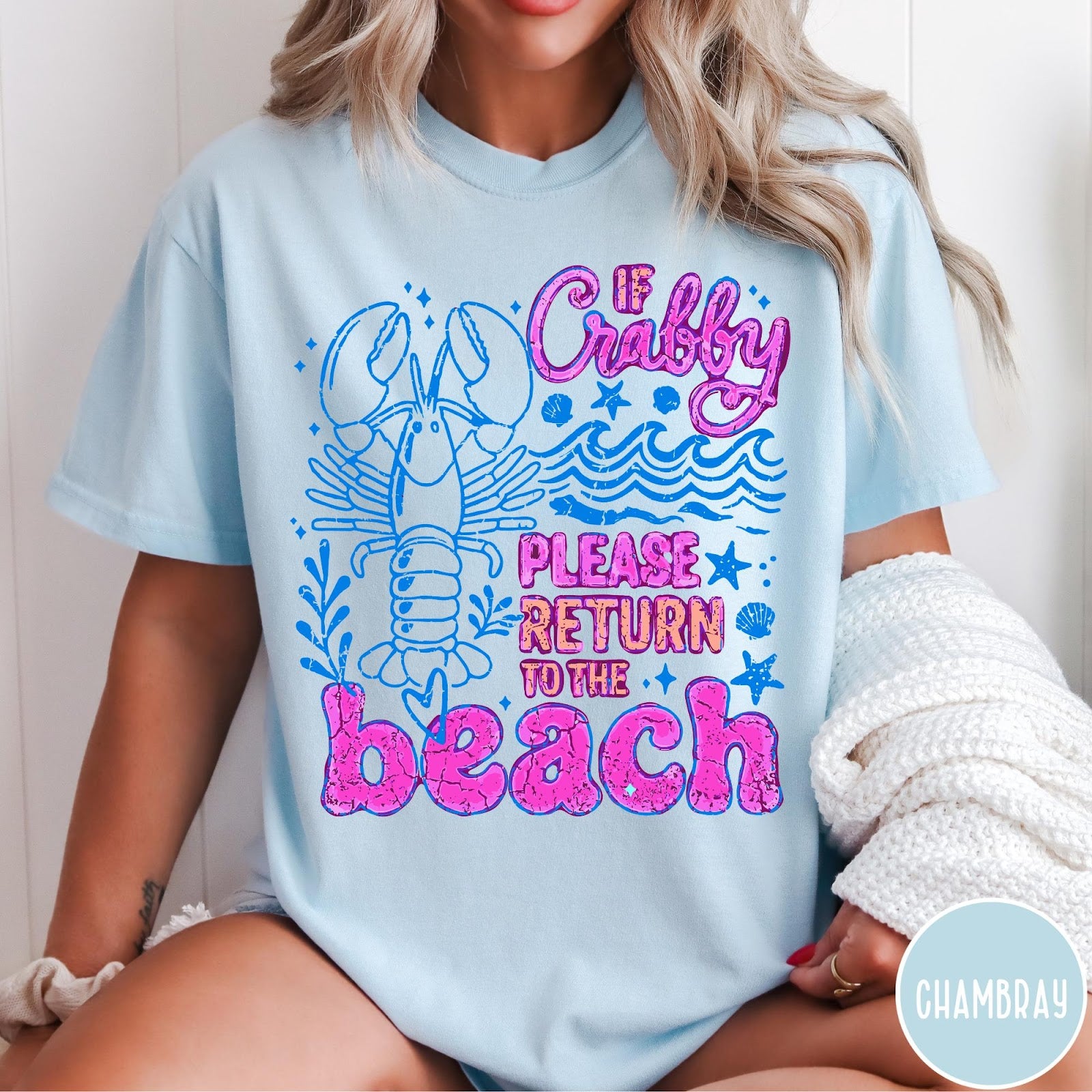Comfort Colors tee in Chambray featuring beach style graphic with lobster and If Crabby text