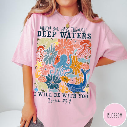 Comfort Colors tee in Blossom featuring artistic marine life graphic with Isaiah 43:2 Bible verse text