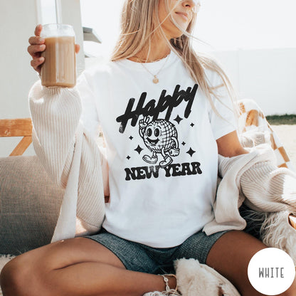 Comfort Colors tee in White featuring retro disco style graphic of a happy disco ball mascot character
