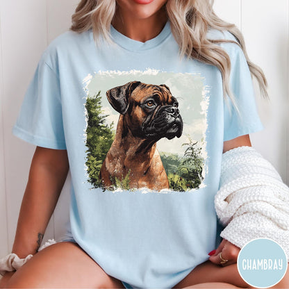 Comfort Colors tee in Chambray featuring vintage style graphic of a Boxer dog in a forest setting