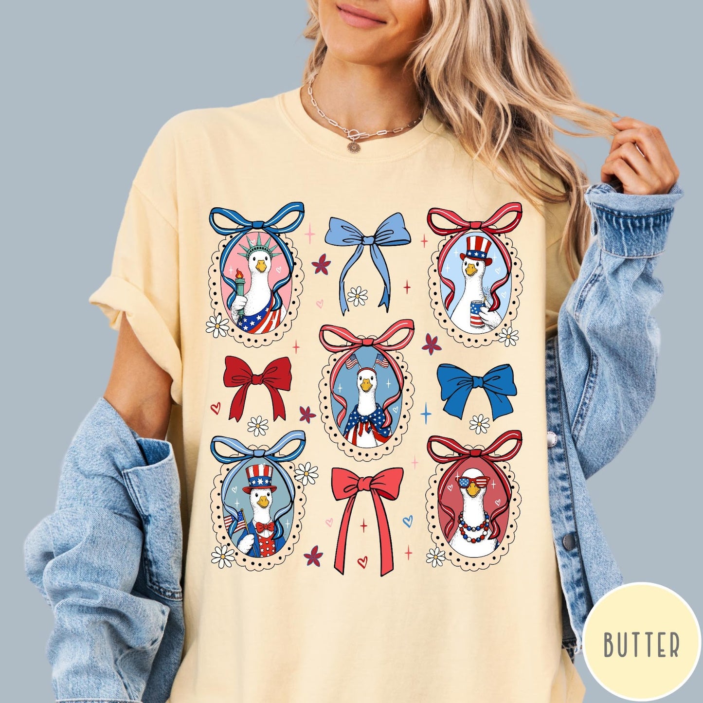 Comfort Colors tee in Butter featuring coquette design with patriotic geese in frames and bows