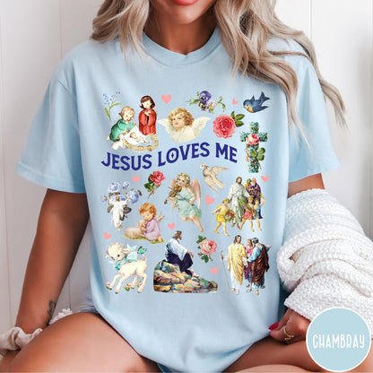 Comfort Colors tee in Chambray featuring vintage religious style graphic with Jesus, angels, lambs, and floral elements
