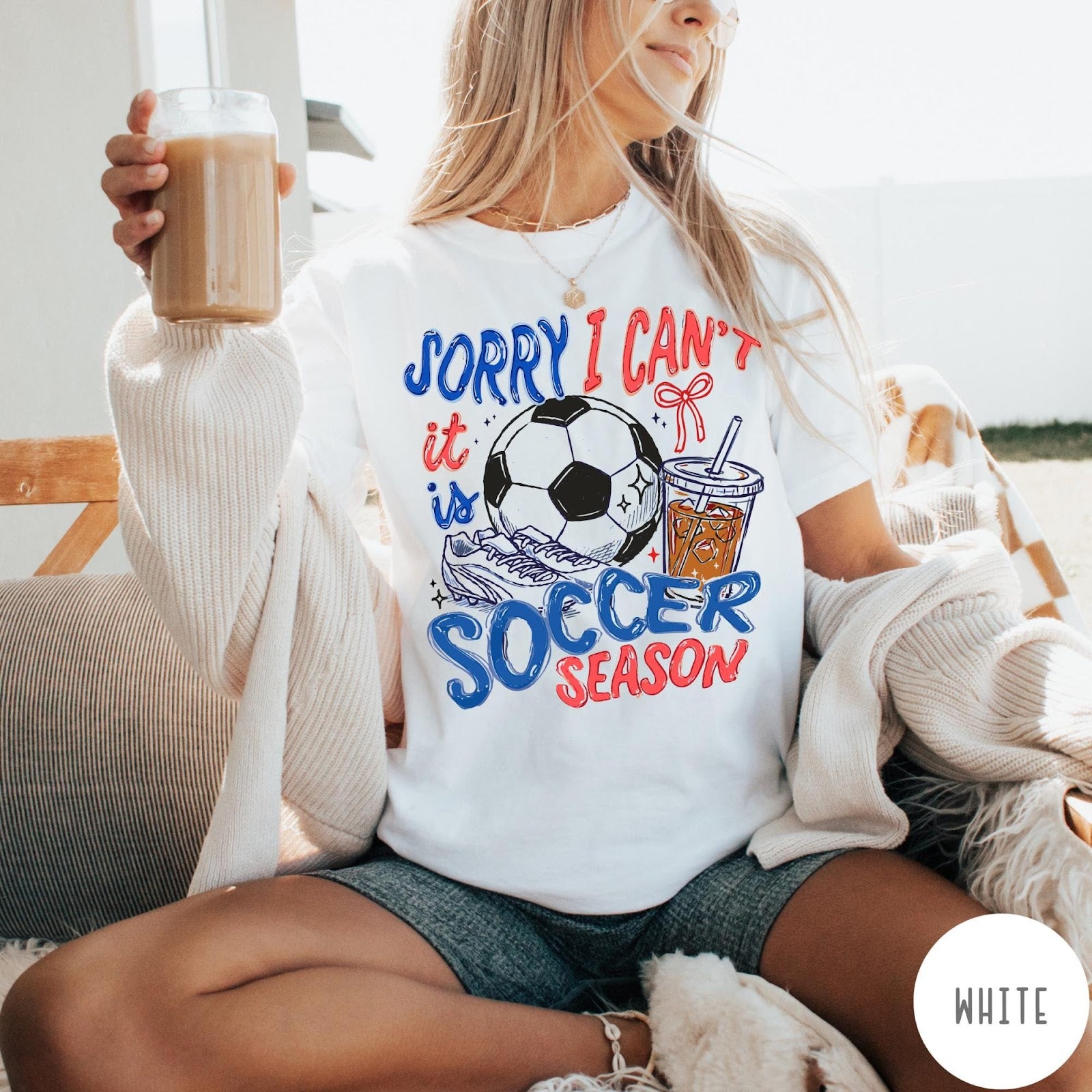 Comfort Colors tee in White featuring screen print style soccer season graphic with ball and iced coffee