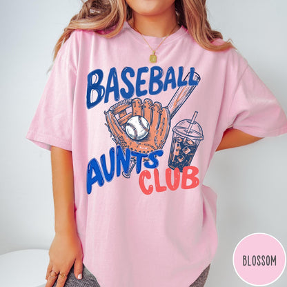 Comfort Colors tee in Blossom featuring baseball design with glove, ball, bat, and iced coffee graphic