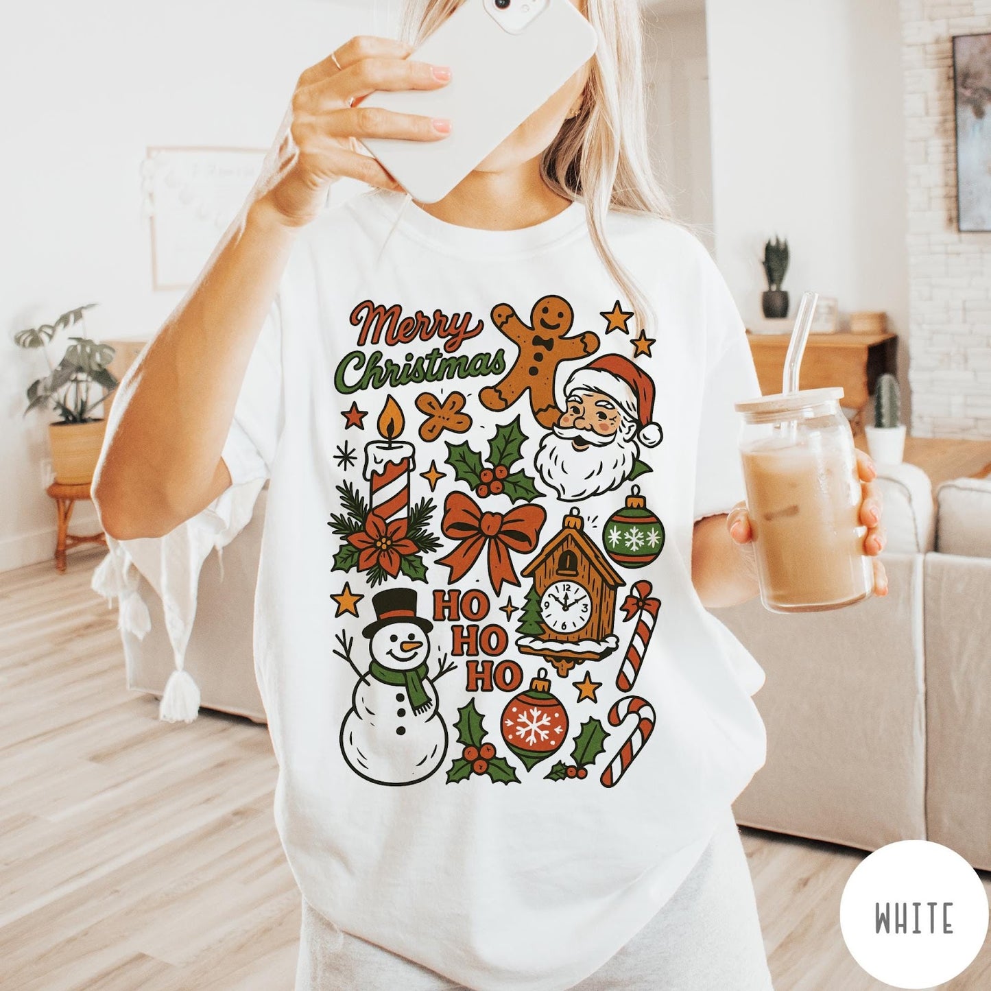 Comfort Colors tee in White featuring retro holiday design with Christmas icons like Santa and a snowman
