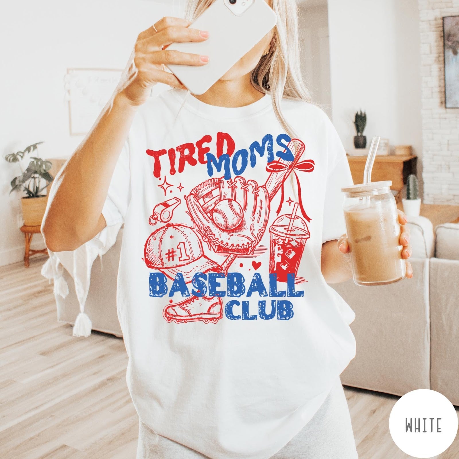 Comfort Colors tee in White featuring baseball mom life graphic with glove, ball, and iced coffee