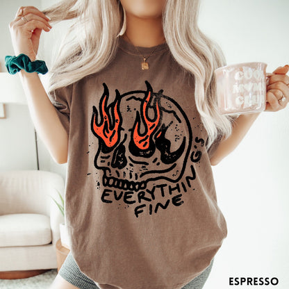 Comfort Colors tee in Espresso featuring distressed graphic style skull with flames and Everything is Fine text