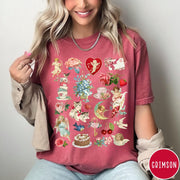 Comfort Colors tee in Crimson featuring vintage Valentine collage graphic with cherubs, flowers, cats, and romantic symbols