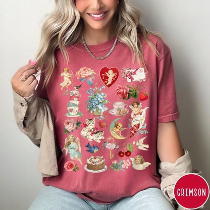 Comfort Colors tee in Crimson featuring vintage Valentine collage graphic with cherubs, flowers, cats, and romantic symbols