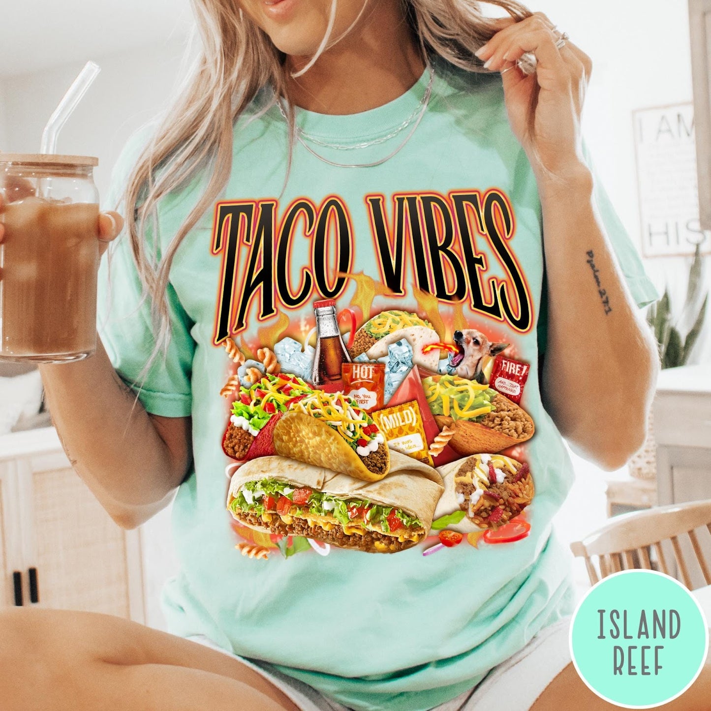 Comfort Colors tee in Island Reef featuring retro style graphic with tacos, hot sauce, and a chihuahua dog